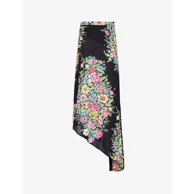 Etro Womens Print On Black Base Floral-print Asymmetric Stretch-woven Midi Skirt