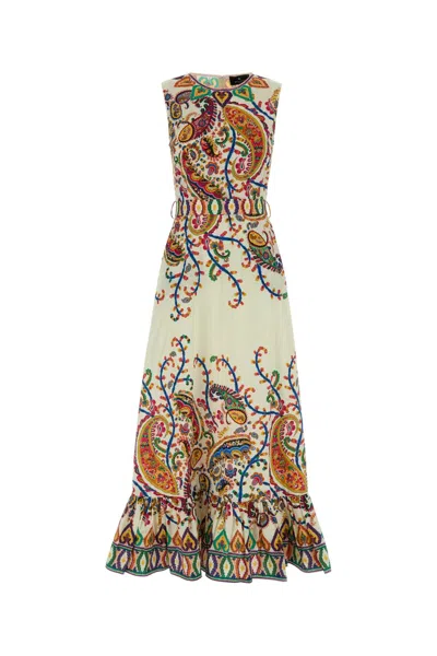 Etro Long Cotton Dress With Placed Floral Paisley Print In Multi