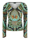 Etro Floral Print Bell Sleeve T Shirt In Black