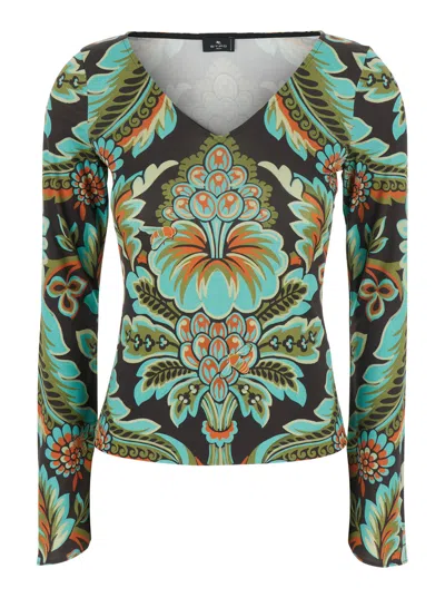 ETRO ETRO WOMEN MULTICOLOR V-NECK TOP WITH ALL-OVER FLORAL PRINT IN VISCOSE BLEND WOMAN