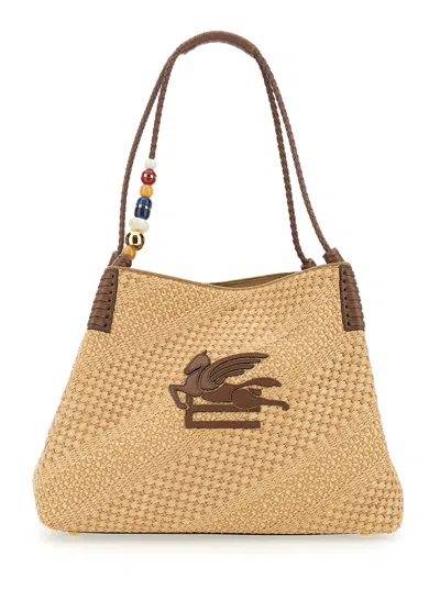 Etro Beige Shoulder Bag With Braided Handles And Beaded Embellishment On The Handle In Viscose Woman In Pattern