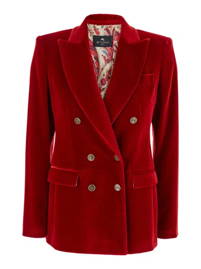 Etro Women Red Double-breasted Jacket With Peak Revers In Cotton Stretch Woman