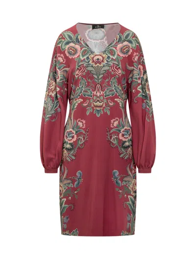 Etro Red Floral V Neck Midi Dress