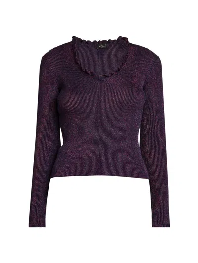 Etro Women's Ruffled Metallic Rib-knit Top In Purple