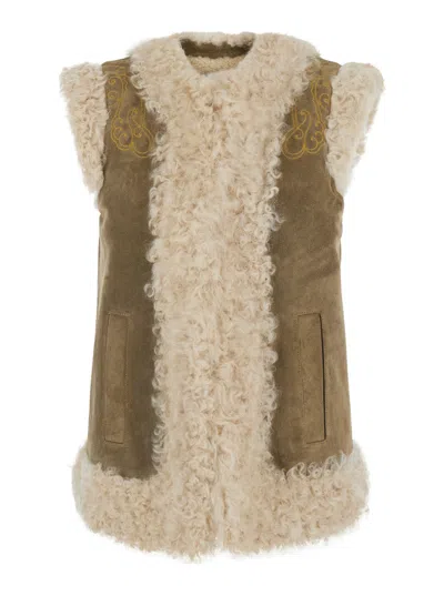 Etro Women's Shearling Sleeveless Jacket With Maxi Back Embroidery In Beige