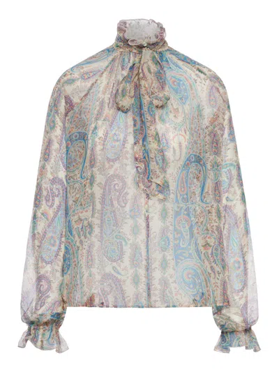 Etro Women Silk Crepon Blouse With Scarf And Paisley Foliage Motif In Multi