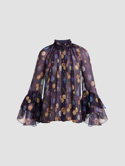 Etro Women's Silk Light Crepon Sheer Blouse In Blue