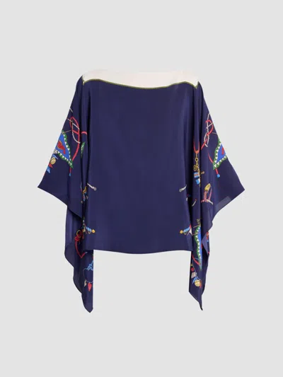 Etro Women's Status Printed Silk Cape Blouse In Print On Blue Base
