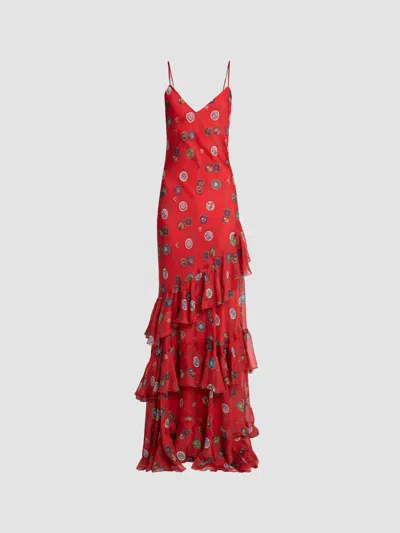 Etro Women's Status Printed Silk Chiffon Ruffle Maxi Dress In Print On Red Base