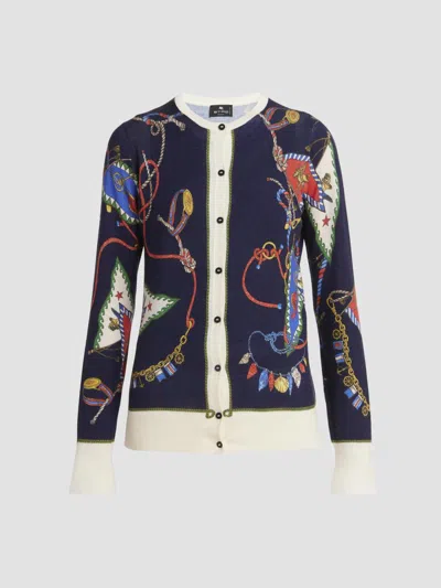 Etro Women's Status Printed Silk-cashmere Cardigan In Print On Blue Base