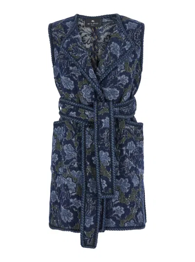 Etro Women's Tailored Sleeveless Vest With Belt And Patch Pockets In Blu