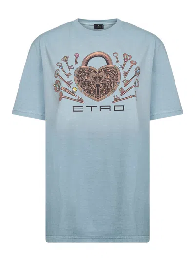 Etro Women Teal Cotton Printed T-shirt In Blue