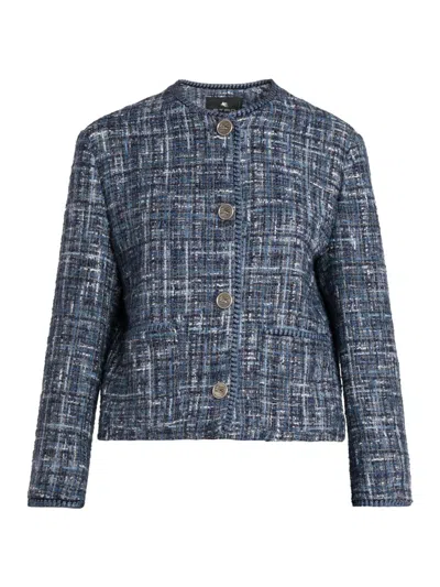 Etro Women's Tweed Round Neck Jacket In Blue