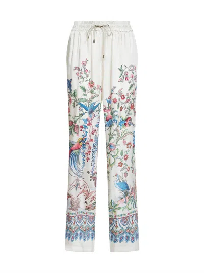 Etro Women White Pants With Elastic Drawstring Waist And All-over Floral Print In Tech Fabric Woman In Multi