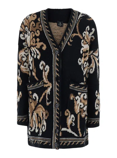 Etro Women's Wool V-neck Cardigan With Micro Sequin Embroidery In Black