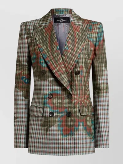 Etro Womens Double Breasted Jacket Floral Check In Brown