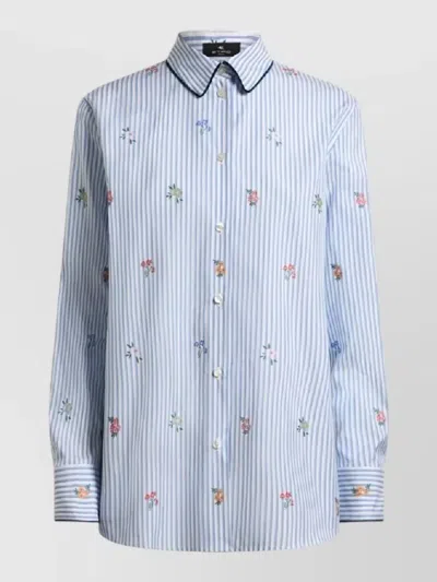 Etro Womens Shirt Floral Embroidered Striped Design In Blue