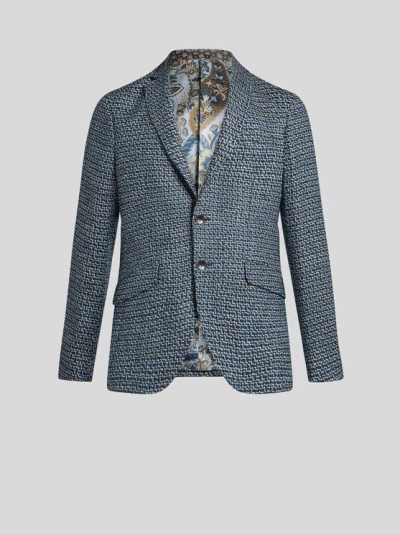 Etro , Wool And Alpaca Wool Blazer, Man, Navy Blue, Size 58