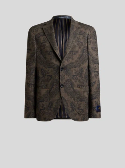 Etro , Wool And Cashmere Blazer With Placed Print, Man, Brown, Size 54