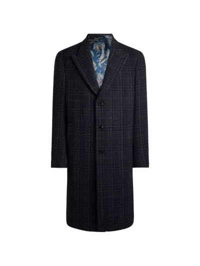 Etro Wool And Cashmere Coat With Check Motif In Blue