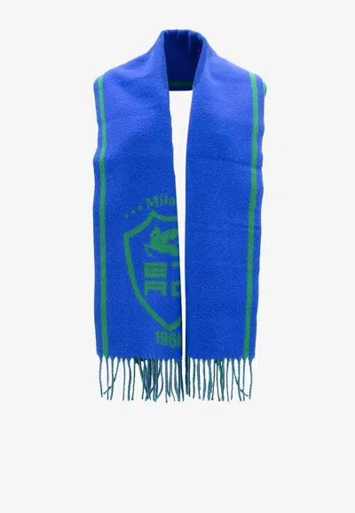 Etro Wool And Cashmere Logo Scarf In Blue