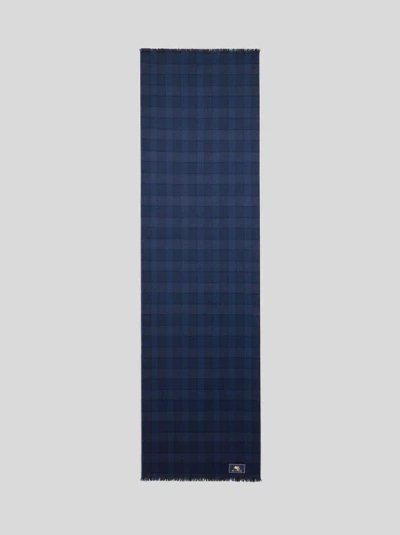 Etro , Wool And Cashmere Scarf With Check Motif, Man, Blue