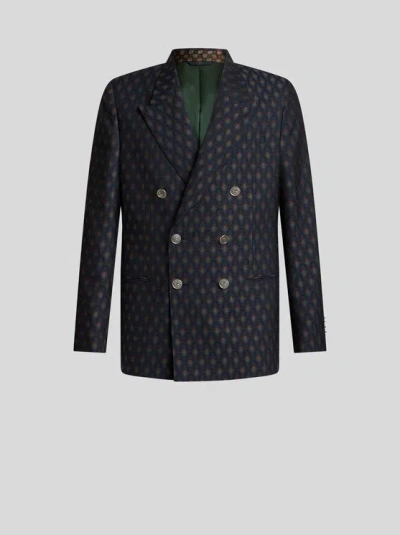 Etro Floral-jacquard Double-breasted Blazer In Navy Blue