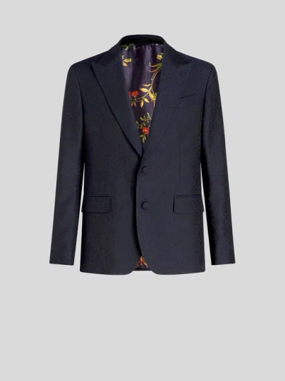 ETRO , WOOL AND COTTON JACQUARD JACKET, MAN, NAVY BLUE, SIZE 60