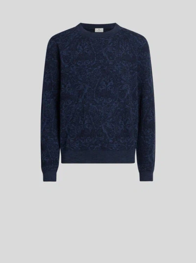 ETRO , WOOL AND COTTON JACQUARD JUMPER, MAN, BLUE, SIZE XXL