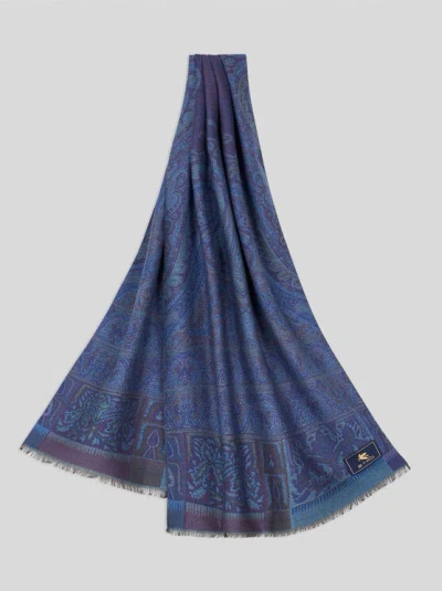 ETRO , WOOL AND SILK JACQUARD SCARF, MAN, BLUE