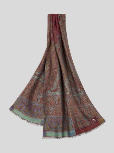 Etro , Wool And Silk Jacquard Scarf, Man, Burgundy In Brown