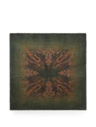Etro Wool And Silk Scarf With Faded Floral Paisley Motif In Green