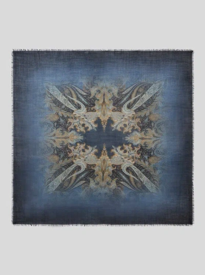 Etro , Wool And Silk Scarf With Faded Floral Paisley Motif, Man, Blue