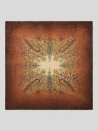 Etro , Wool And Silk Scarf With Faded Floral Paisley Motif, Man, Brown