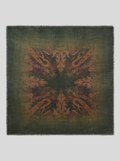 Etro , Wool And Silk Scarf With Faded Floral Paisley Motif, Man, Green