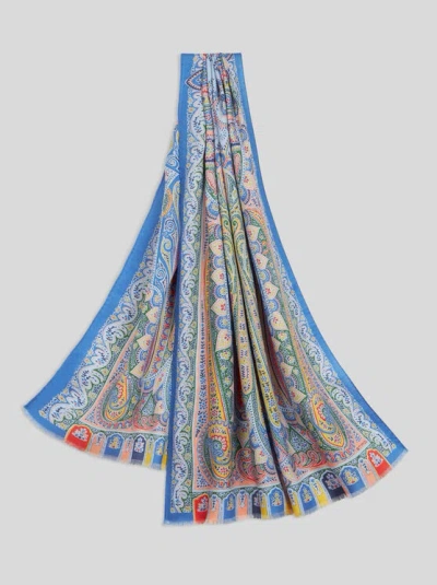 Etro Wool And Silk Scarf With Multicoloured Print In Blue