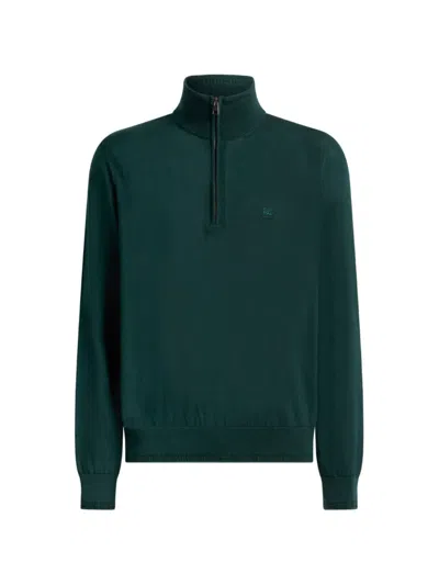 Etro Wool And Silk Sweater With Zip And Pegaso-embroidery In Green