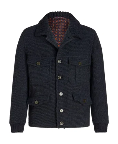 Etro Contrasting-trim Wool Blend Bomber Jacket In Black