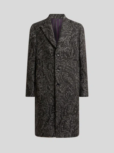 Etro , Wool-blend Jacquard Coat, Man, Grey, Size 58 In Black