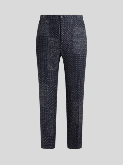 Etro , Wool-blend Patchwork Trousers, Man, Blue, Size 56 In Gray