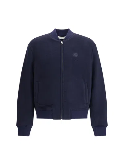 Etro Navy Blue Bomber Jacket With Embroidered Logo And Zip Fastening In Black