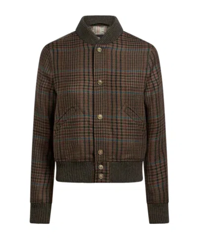 Etro Wool Bomber Jacket With Peacock Embroidery And Prince Of Wales Motif In Green
