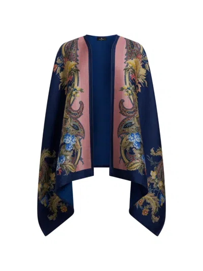 Etro Wool Cape With Placed Floral Paisley Print In Multi