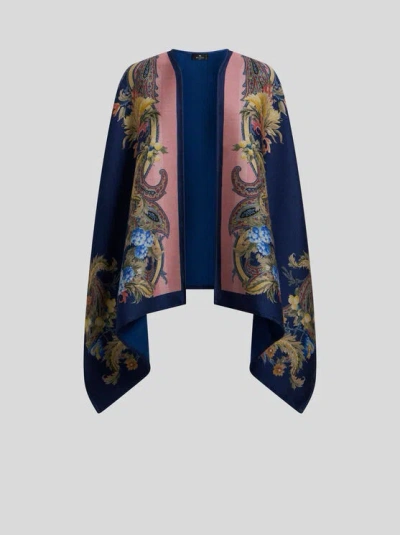 Etro , Cape Aus Wolle Mit Platziertem, Floralem Paisley-print, Damen, Blau