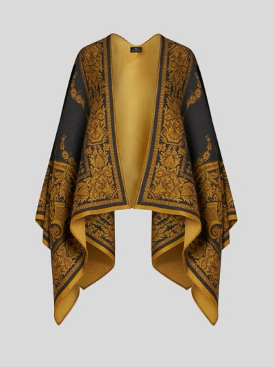 Etro Wool Cape With Print In Black