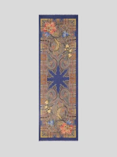 Etro , Wool, Cashmere And Silk Scarf With Paisley And Flower Motif, Woman, Blue