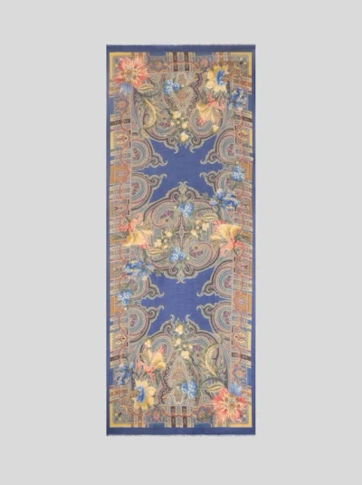Etro , Wool, Cashmere And Silk Scarf With Paisley And Flower Motif, Woman, Light Blue
