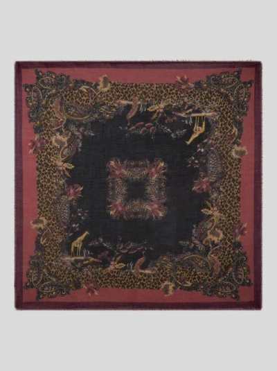 Etro Wool, Cashmere And Silk Shawl With Animal And Paisley Motif In Multi