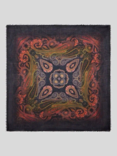 Etro , Wool, Cashmere And Silk Shawl With Degradé Motif, Woman, Navy Blue In Multi