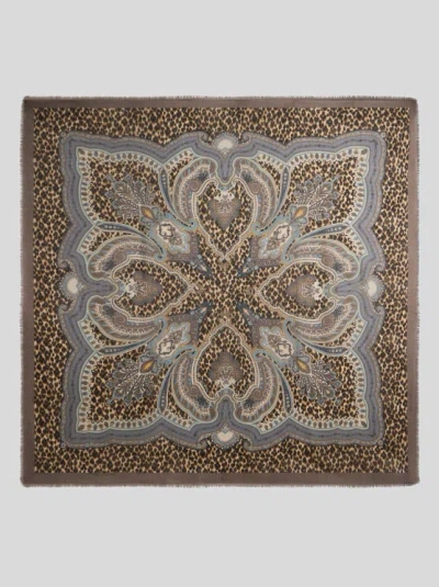 Etro , Wool, Cashmere And Silk Shawl With Leopard Motif, Woman, Grey In Gray